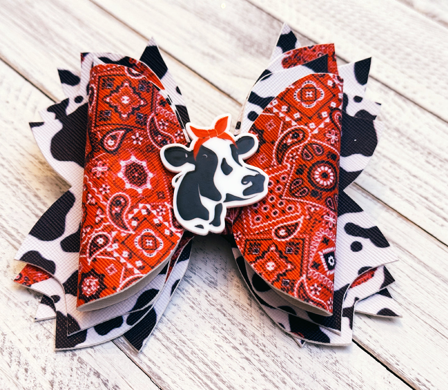 Red Bandana & Cow Print Hair Bow